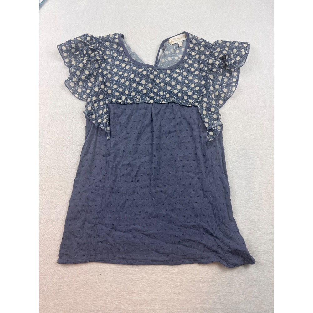 Weekend Suzanne Betro Blue Floral Swiss Dot Flutter Sleeve Babydoll Top Medium